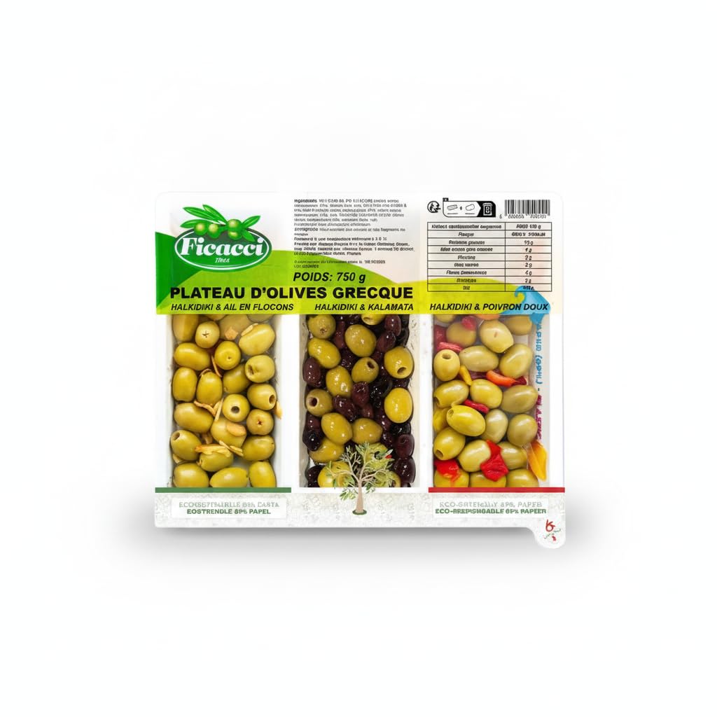 Bandeja de Aceitunas Griegas Deshuesadas 750g - Surtido 3 Variedades: Halkidiki y Kalamata con Ajo y Pimiento Dulce - Aperitivo para Eventos y Reuniones - Envase Sostenible de Papel - NEXU