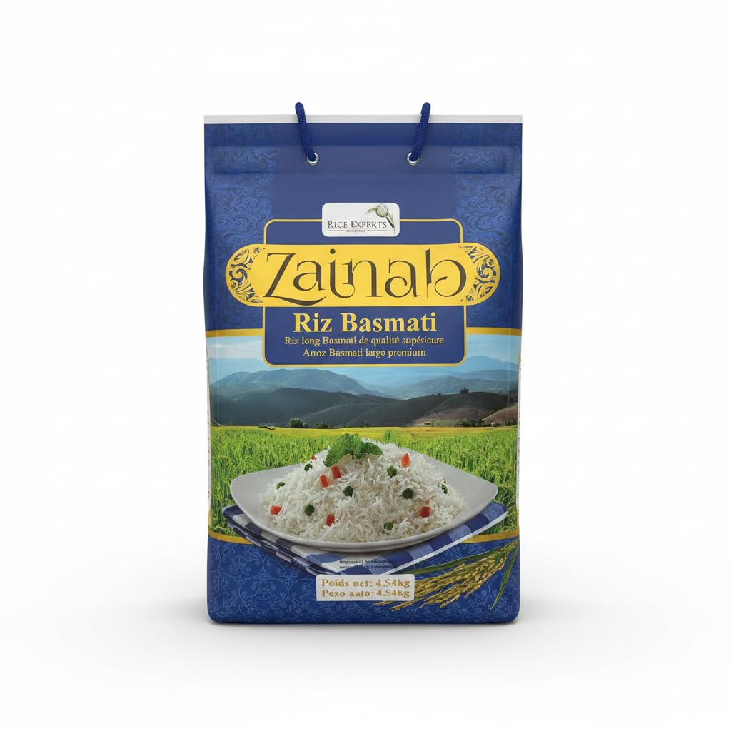 Arroz Basmati de Grano Largo - Auténtico Arroz de Pakistán del Punyab - Aroma Natural y Textura Esponjosa - Ideal para Cocina Asiática e India - Zainab - Formato Familiar 4,54 kg (10 lbs) - nexu