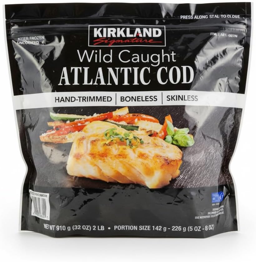 Bacalao del Atlántico de Captura Salvaje (Gadus morhua), 910g - Lomos sin Piel ni Espinas - Certificado MCS -Kirkland - Rico en Proteína y Bajo en Calorías - NEXU