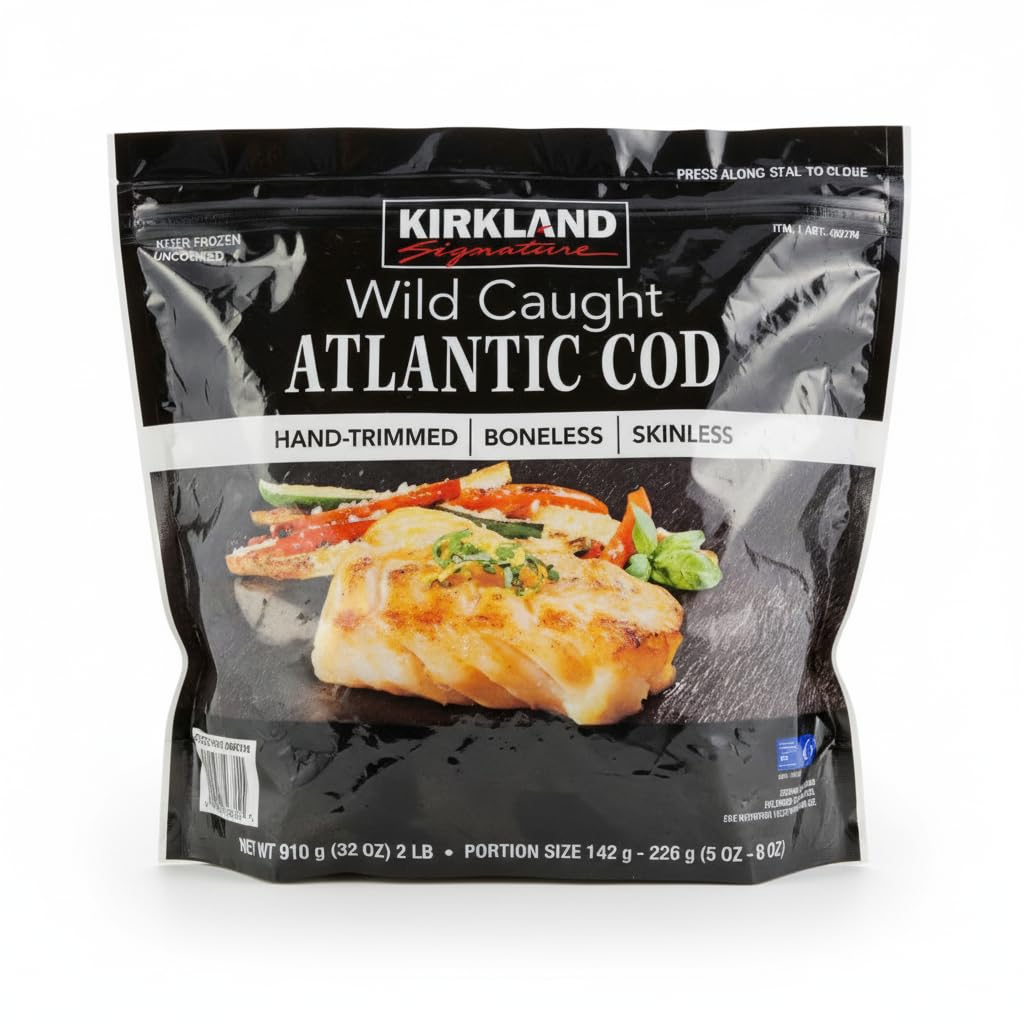 Bacalao del Atlántico de Captura Salvaje (Gadus morhua), 910g - Lomos sin Piel ni Espinas - Certificado MCS -Kirkland - Rico en Proteína y Bajo en Calorías - NEXU