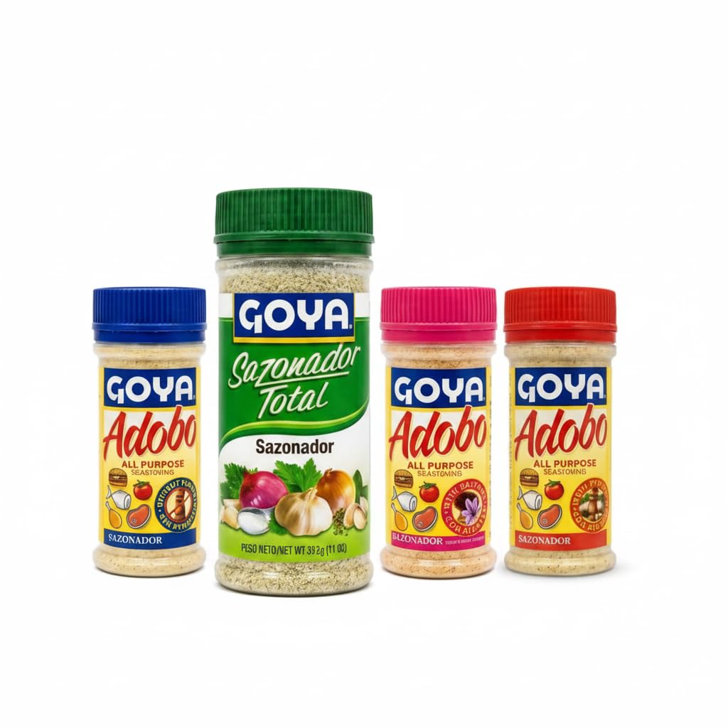 Pack de Sazonadores - Kit de 4 Condimentos: Adobo (Pimienta, Sin Pimienta, Azafrán 226g) y Sazonador Total 312g - Sabor Latino Auténtico para Carnes y Vegetales - Goya - Pack Familiar 11 oz - NEXU