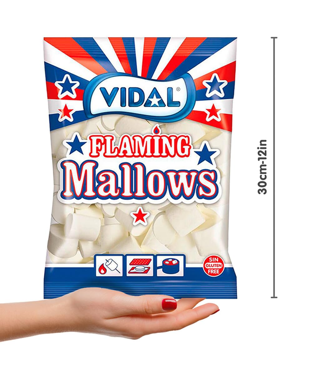Vidal Golosinas. Flaming Mallows Vainilla. Nubes esponjosas de gran tamaño con sabor a vainilla. Ideales para barbacoas, fogatas y planchas. Color blanco. Sin gluten ni grasa. Bolsa 1 kg