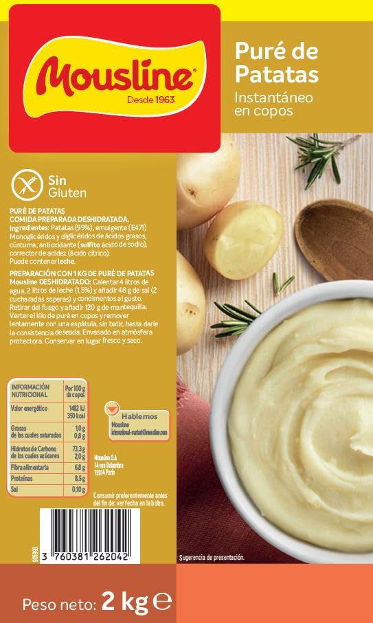 Mousline - Puré de Patatas en Copos Instantáneo - Ingredientes de Primera Calidad - Preparación Fácil y Rápida - Ideal para Recetas Elaboradas - Pack de 2 kg