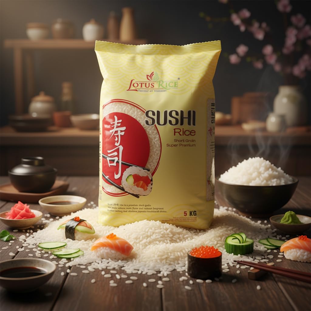 Arroz para Sushi Lotus Rice Grano Corto Premium 5kg - Arroz Japonés Superior para Sushi, Maki y Nigiri - Textura Tierna y Sabor Dulce Natural