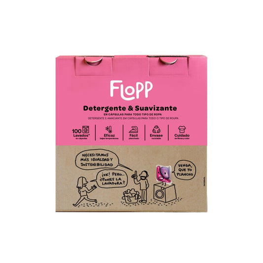 Flopp - Detergente & Suavizante en pastillas - 4 en 1 Limpia, Suaviza, Perfuma y Fácil Planchado - 100 cápsulas