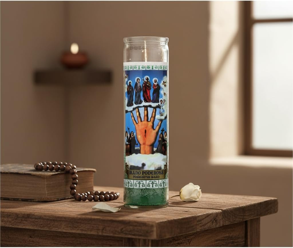 Velón Mano Poderosa Color Verde - Vela de Intención Espiritual de Larga Duración (7 Días)- Envase de Cristal - Ideal para Rituales, Suerte e Iluminación - Goya - 1 Unidad - NEXU