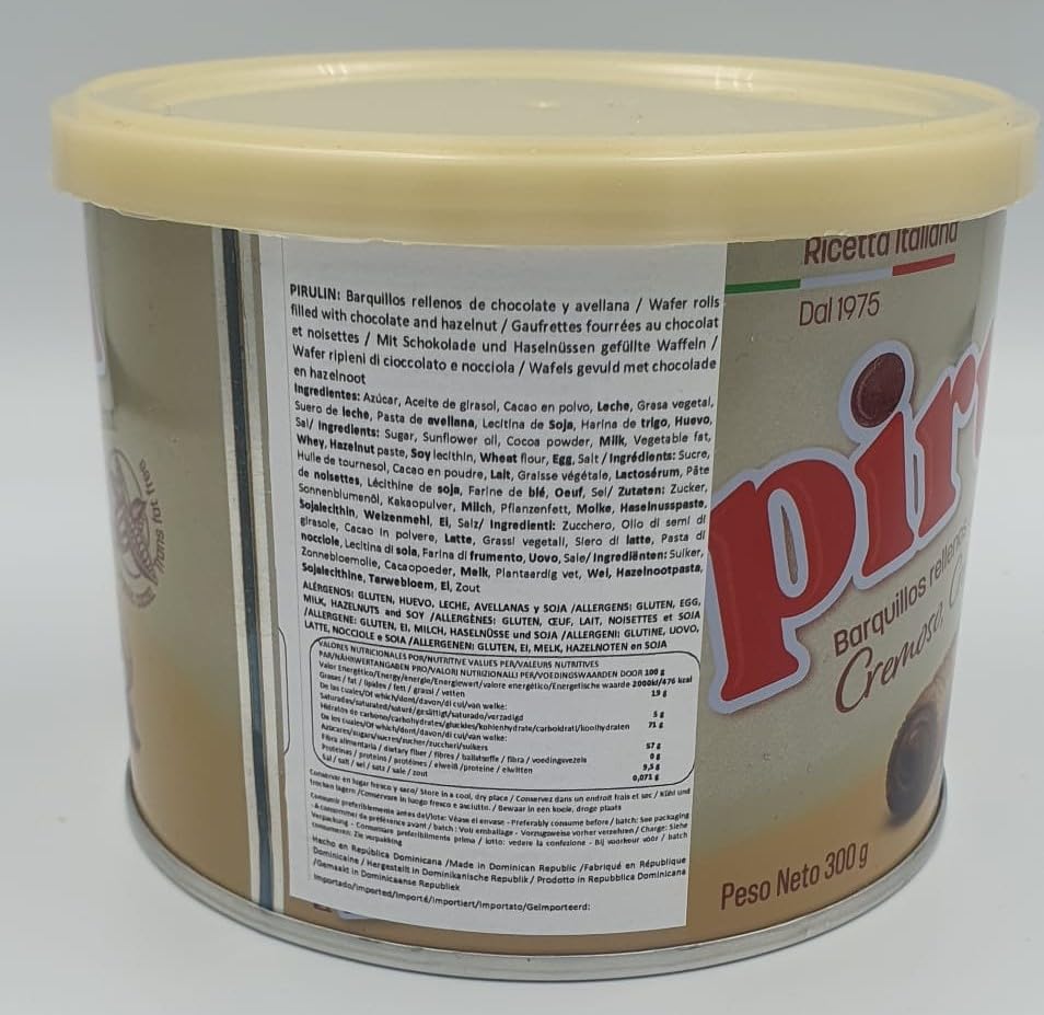 PIRULIN Barquillos Rellenos de Chocolate y Avellana. Lata de 300g
