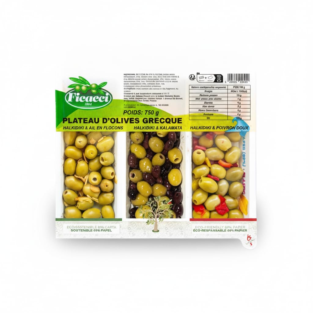 Bandeja de Aceitunas Griegas Deshuesadas 750g - Surtido 3 Variedades: Halkidiki y Kalamata con Ajo y Pimiento Dulce - Aperitivo para Eventos y Reuniones - Envase Sostenible de Papel - NEXU