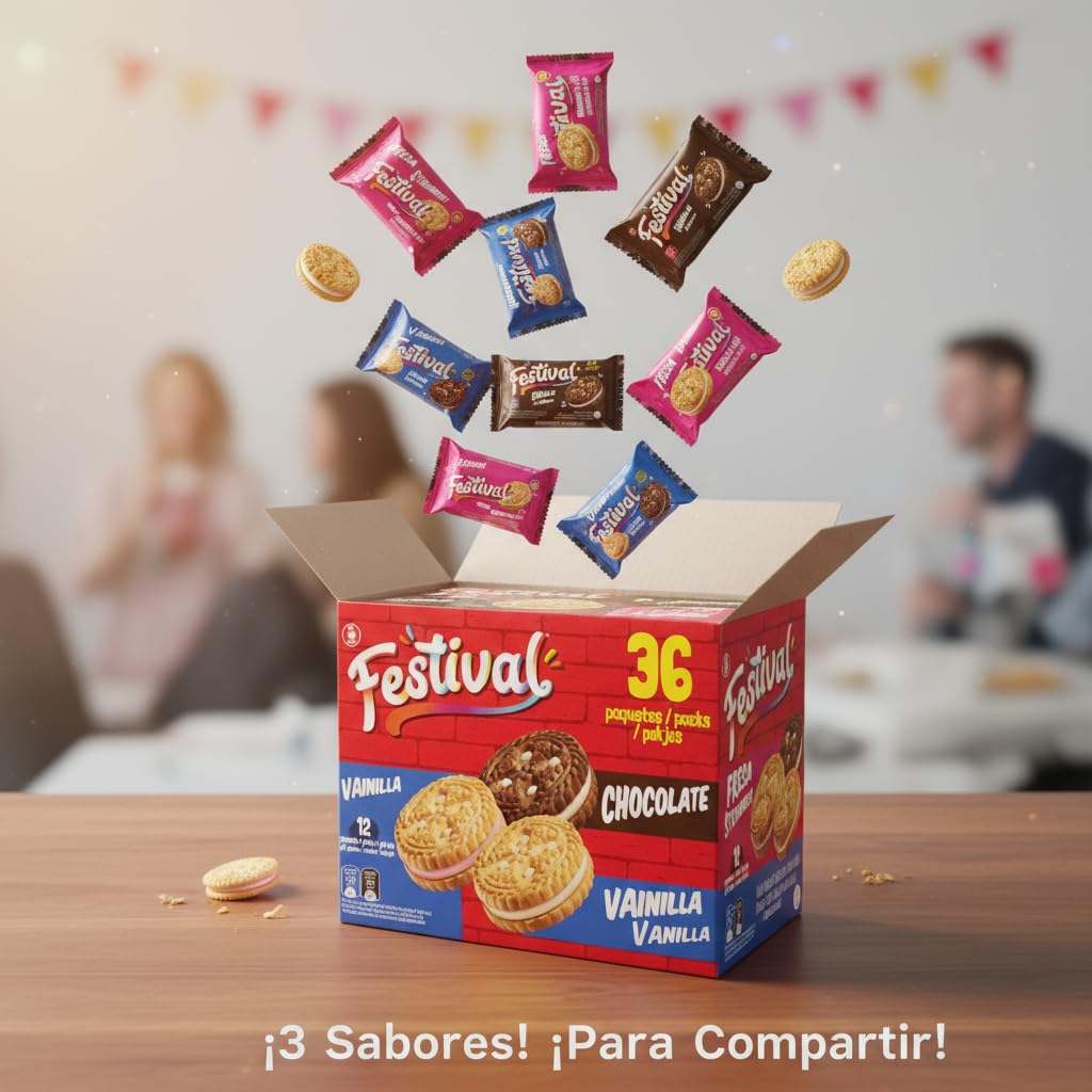 Noel Festival Surtido de Galletas Rellenas tipo Sándwich - 36 Paquetes Individuales (144 Galletas) - Sabores Vainilla, Fresa y Chocolate, 1209g - Snack Ideal para Merienda y Niños