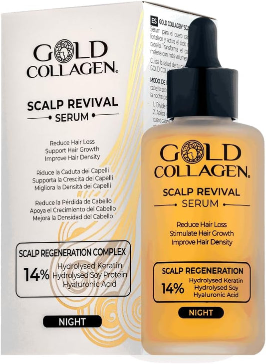 GOLD COLLAGEN Scalp Revival - Sérum Cabello Noche para Crecimiento y Anticaída con Ácido Hialurónico y Extractos Naturales, Tratamiento Hidratante Cabello con Keratina, Aceite Pelo Seco Dañado 100 ml