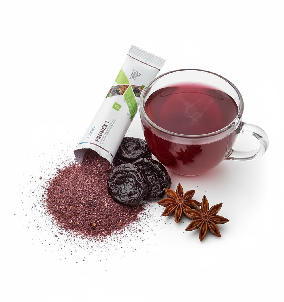FUXION - Prunex 1 Té Detox en Polvo para Limpieza y Desintoxicación del Colon Infusión Instantánea Natural 1 Caja con 28 Sobres Tránsito Intestinal Saludable Sabor a Ciruela Pasa Linaza Kelp y Anís Estrella
