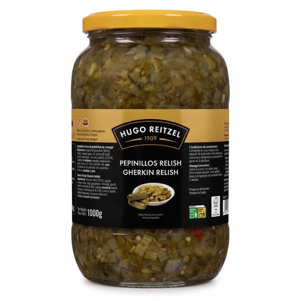 Pepinillos Relish - Gherkin Relish Dulce para Hamburguesas y Hot Dogs - Tarro de 1000g - Sabor Tradicional desde 1909 - Ideal para Salsas y Guarniciones - NEXU