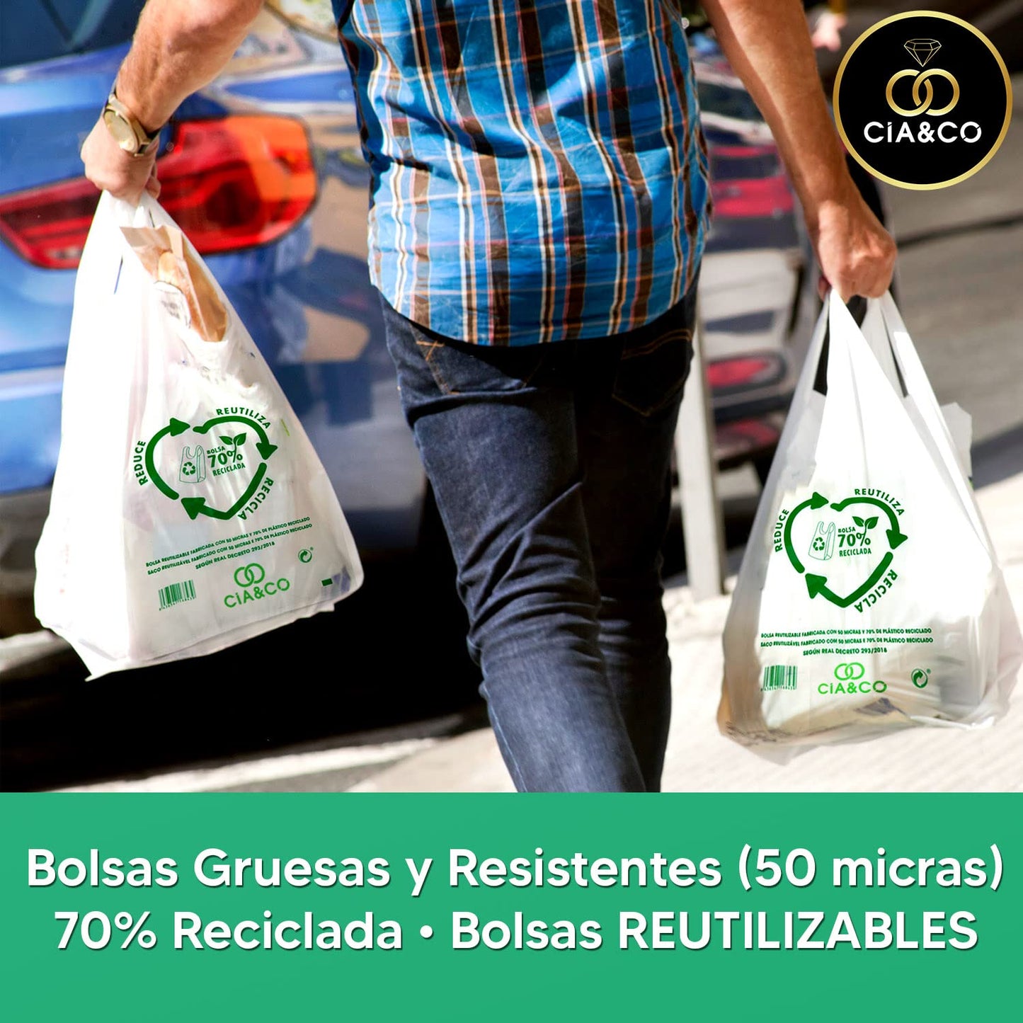 Bolsas de Plástico 70% Reciclado · Tamaño 3XL 60x70 cm | 25 Uds | Aptas Uso Alimentario, Resistentes, Reutilizables y 70% Recicladas | Galga 200 |Bolsa Tipo Camiseta | Cumple todas las normativas