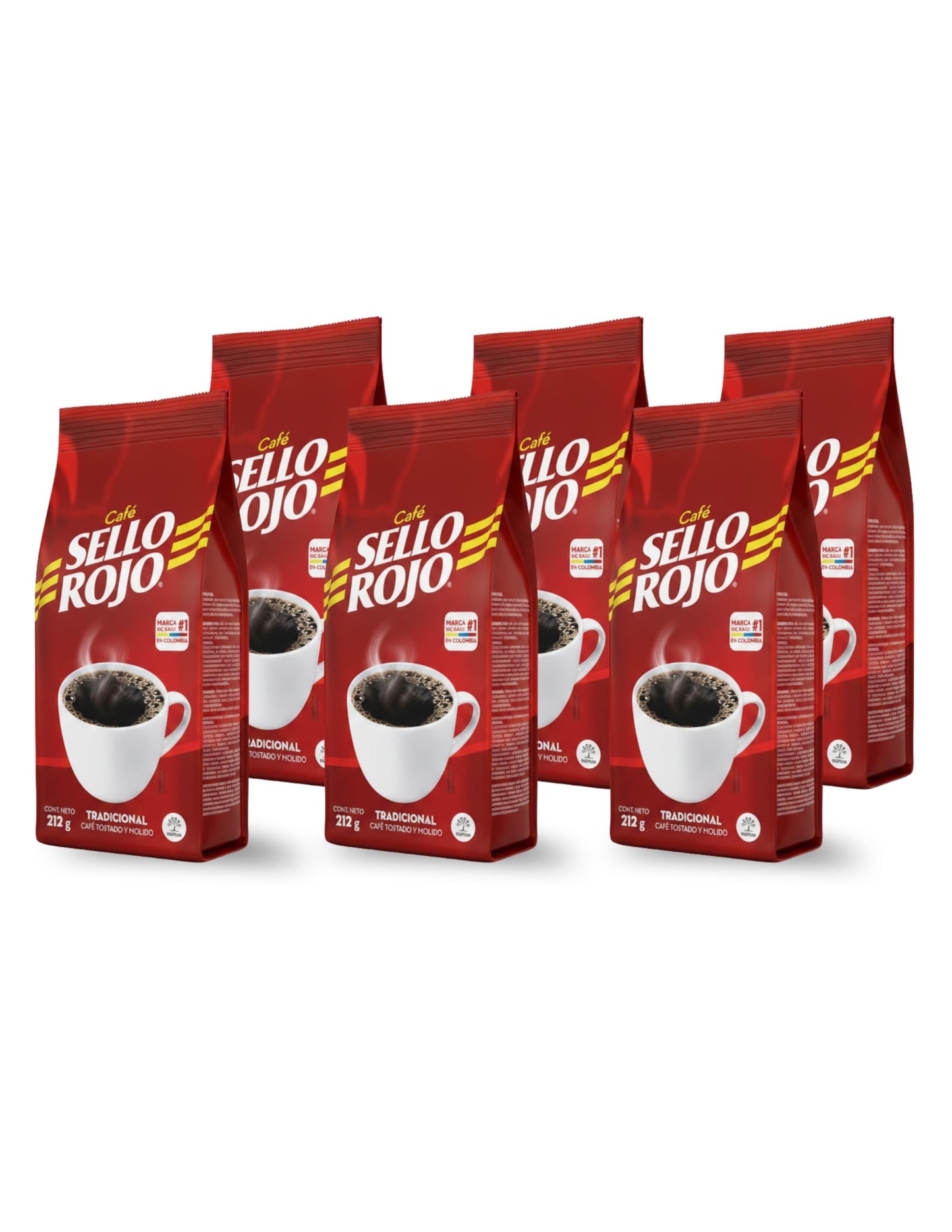 Pack de 6 x 212g (1.27kg Total) - Café 100% Colombiano Tostado y Molido - Aroma Intenso y Cuerpo Consistente - Café Sello Rojo Tradicional - Sabor Clásico de Colombia para el Hogar - NEXU