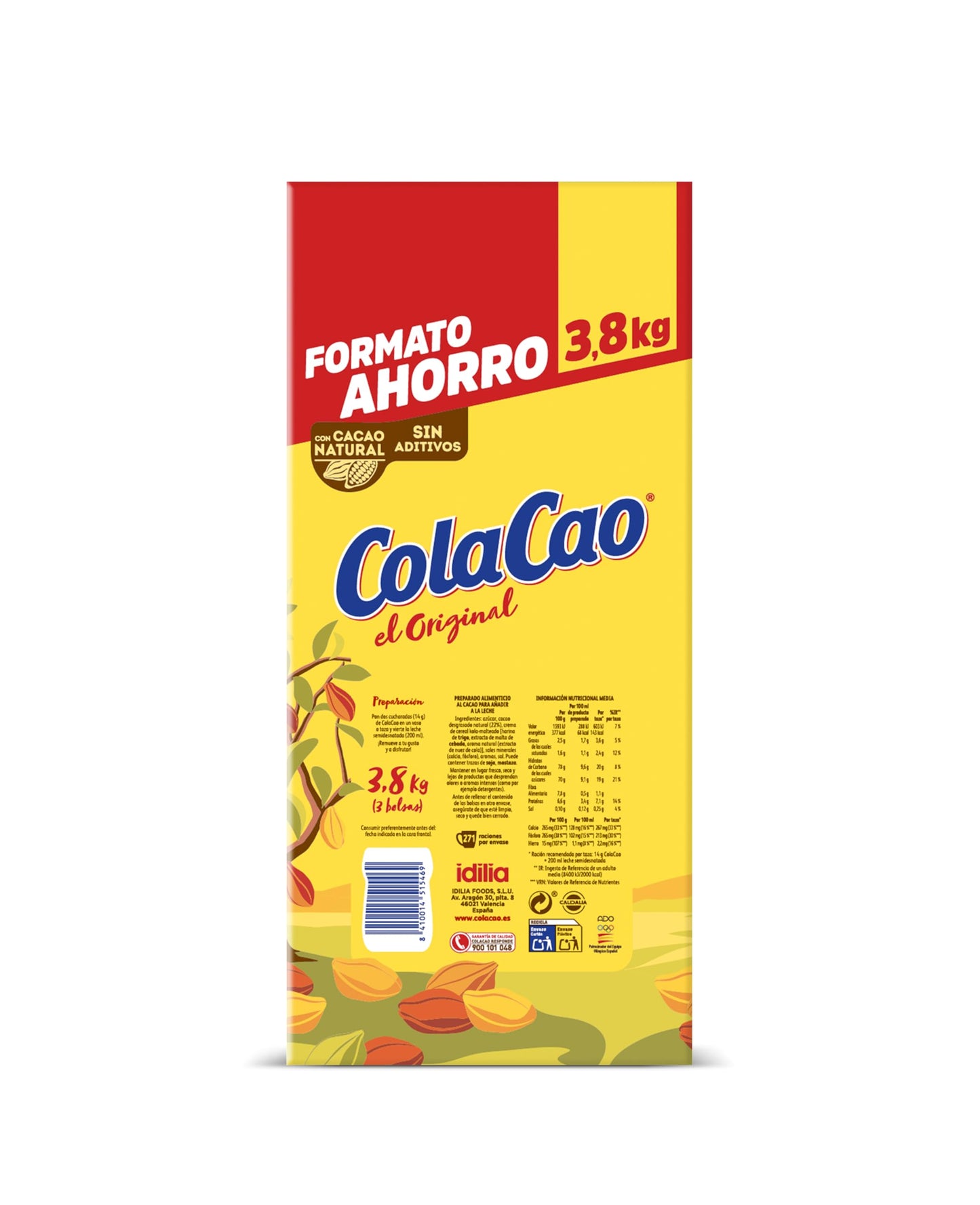 ColaCao Original, Cacao Soluble Natural sin Aditivos, Formato Ahorro, con Cacao Natural, 3,8kg