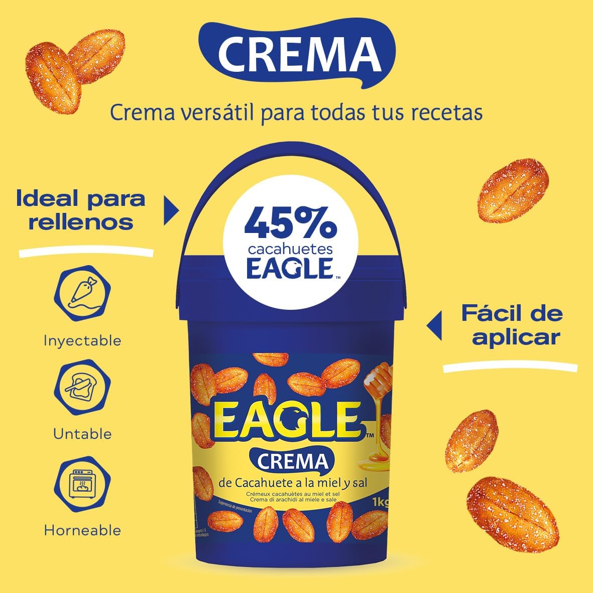 Eagle | Crema de Cacahuete Frita con Miel y Sal 1kg | Sin Gluten, Sin Lactosa, Vegetariana, Cremosa Untable, Sin Aceite de Palma, Ideal para Desayunos y Meriendas