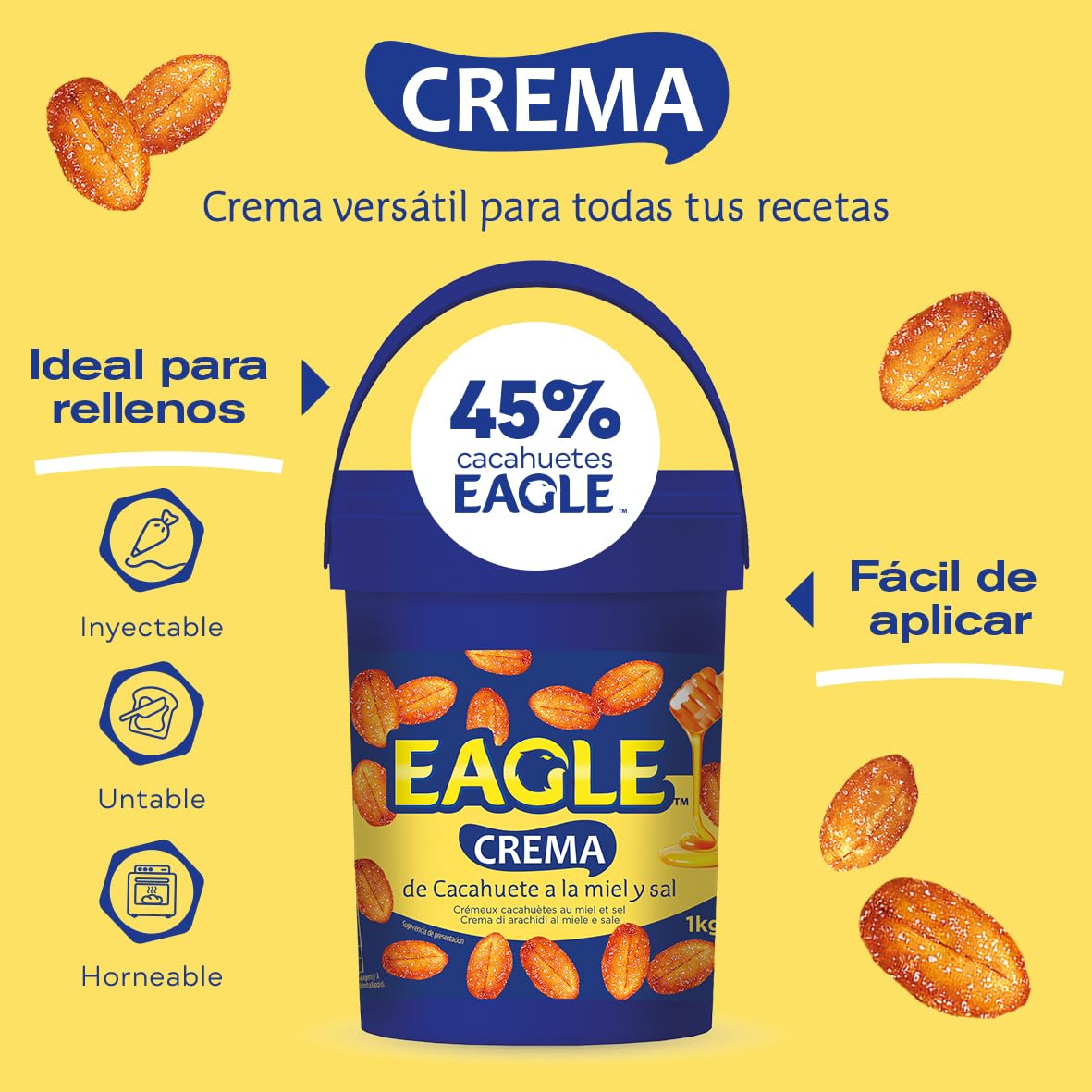 Eagle | Crema de Cacahuete Frita con Miel y Sal 1kg | Sin Gluten, Sin Lactosa, Vegetariana, Cremosa Untable, Sin Aceite de Palma, Ideal para Desayunos y Meriendas