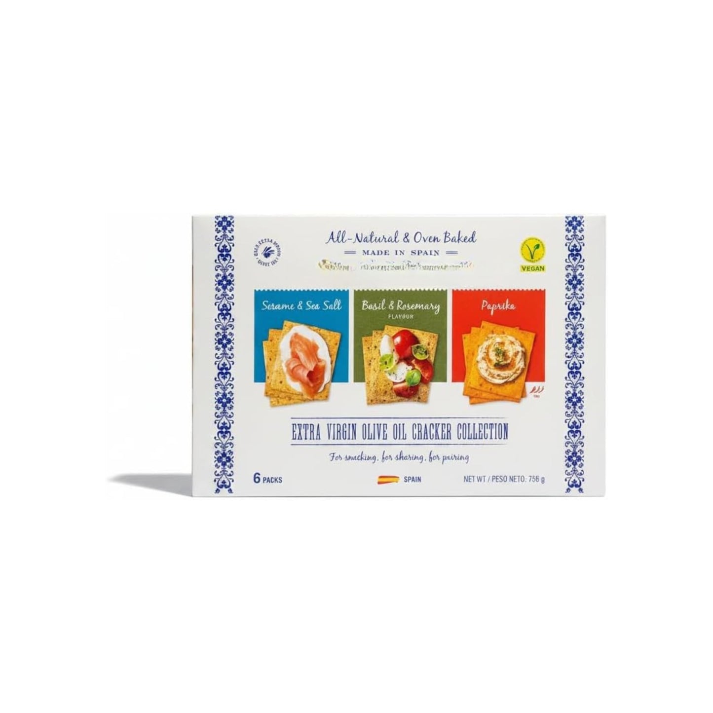 Colección de Crackers de Aceite de Oliva Virgen Extra - 1 Pack de 6 uds (3 Variedades: Sésamo, Albahaca y Pimentón) - Snacks Gourmet Saludables y Veganos - NEXU