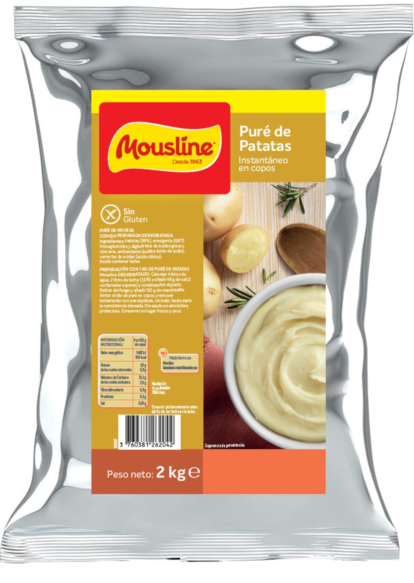 Mousline - Puré de Patatas en Copos Instantáneo - Ingredientes de Primera Calidad - Preparación Fácil y Rápida - Ideal para Recetas Elaboradas - Pack de 2 kg
