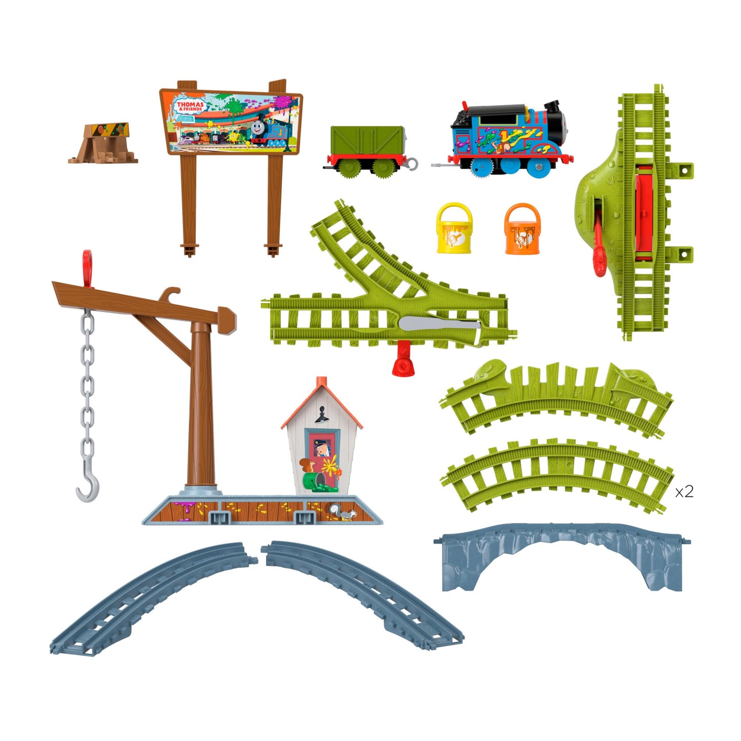 Thomas y sus amigos Reparto de pintura, Set de juego con locomotora motorizada, vagón y vías para tren de juguete, 15 piezas  +3 años, HTN34