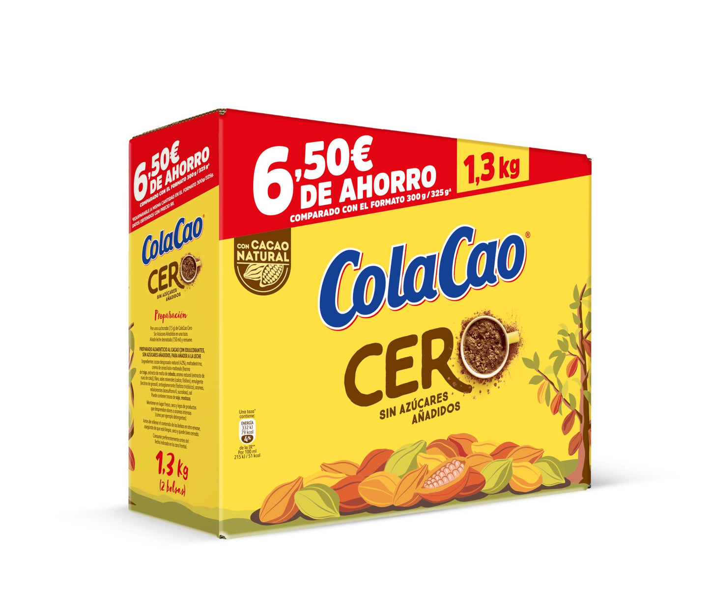 ColaCao Cero, Cacao Soluble sin Azúcares Añadidos, 1,3 kg, 92 Raciones