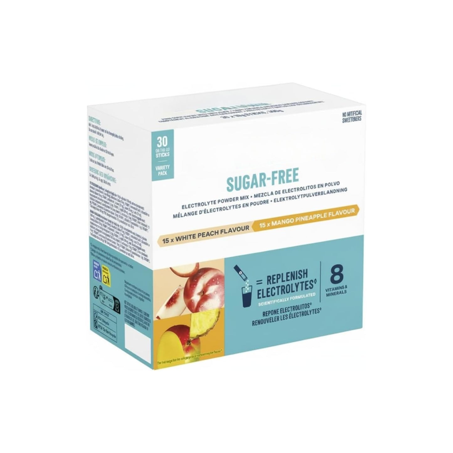 Mezcla de Electrolitos en Polvo Sin Azúcar - Pack de Variedad (30 Sobres) - Sabores Melocotón Blanco y Mango Piña - Hidratación con 8 Vitaminas, Minerales y Aminoácidos - NEXU