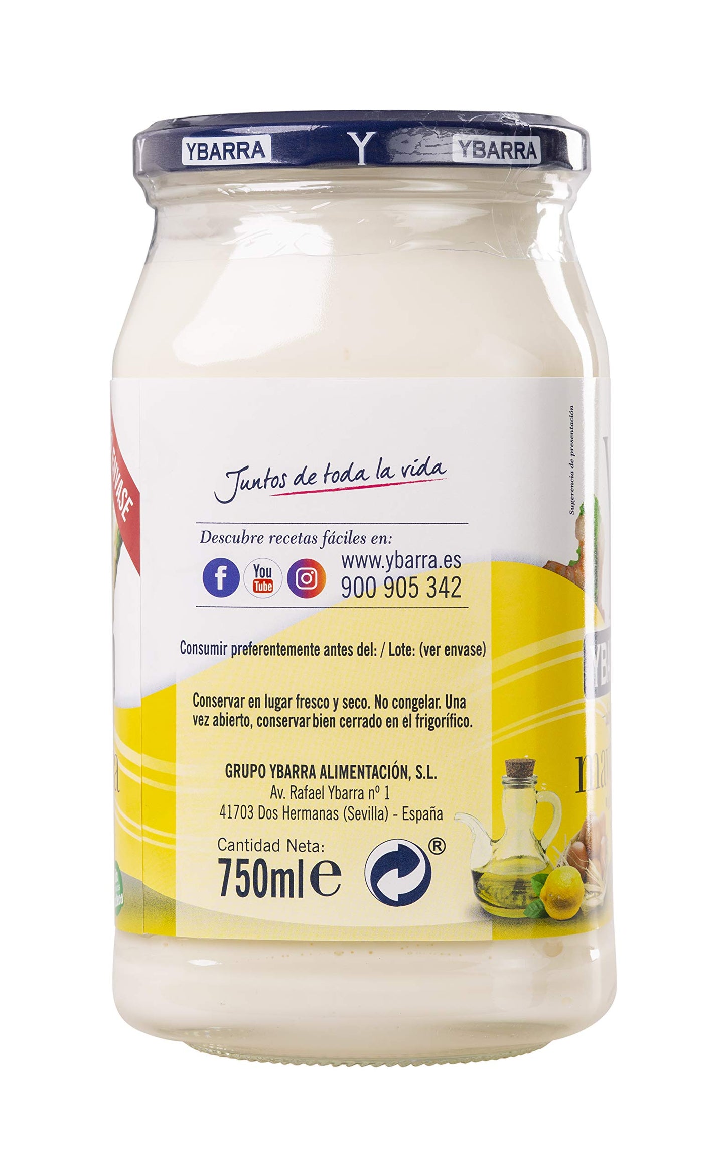 Ybarra Mayonesa Casera Sin Conservantes ni Colorantes, 750ml, frasco de cristal
