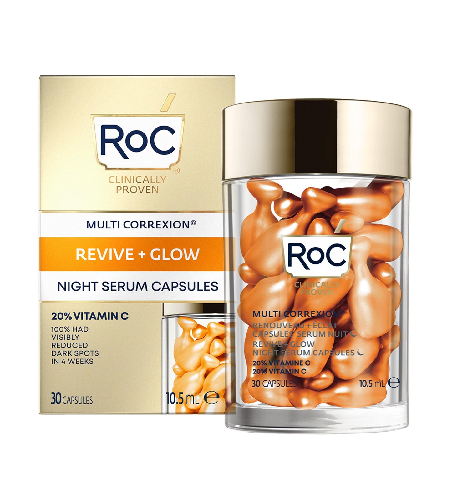 RoC - Multi Correxion Revive + Glow Suero de Noche con Vitamina C - Antiarrugas y Envejecimiento - Reducción de Puntos Negros - Cápsulas de 30 piezas