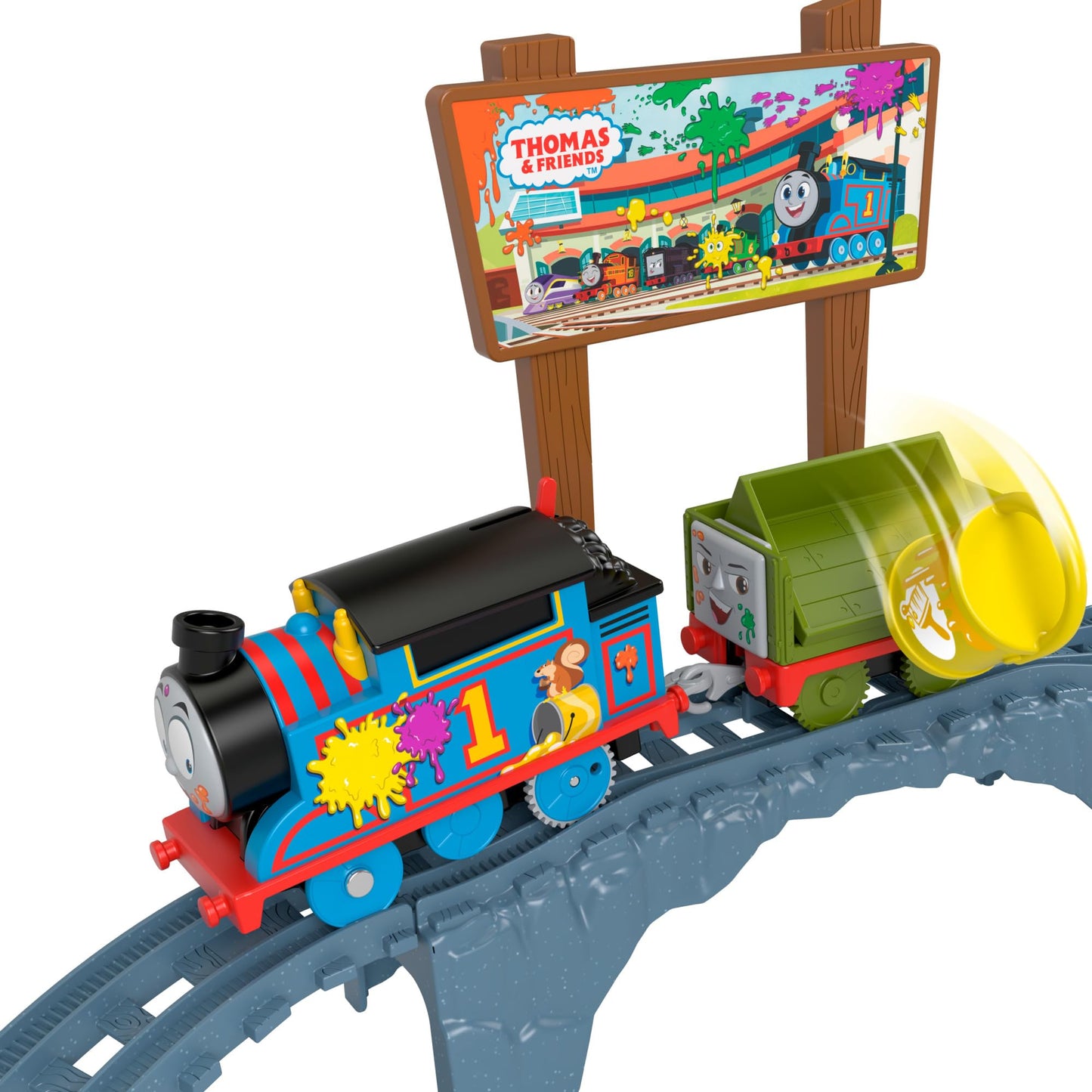 Thomas y sus amigos Reparto de pintura, Set de juego con locomotora motorizada, vagón y vías para tren de juguete, 15 piezas  +3 años, HTN34