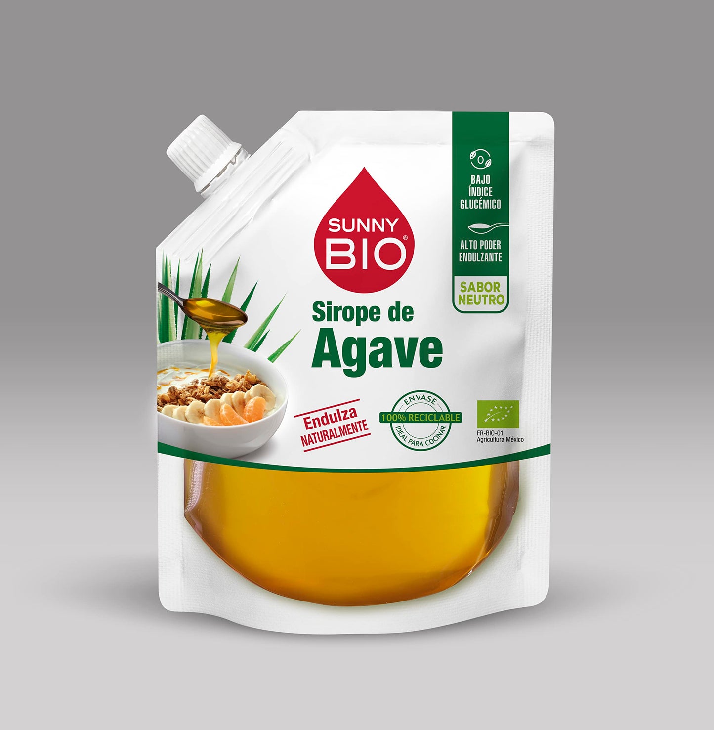 Sunny Bio. Sirope De Agave Natural En Envase DoyPack. Miel De Agave Endulzante Saludable Y Edulcorante Natural Sin Azúcar. 450 g.