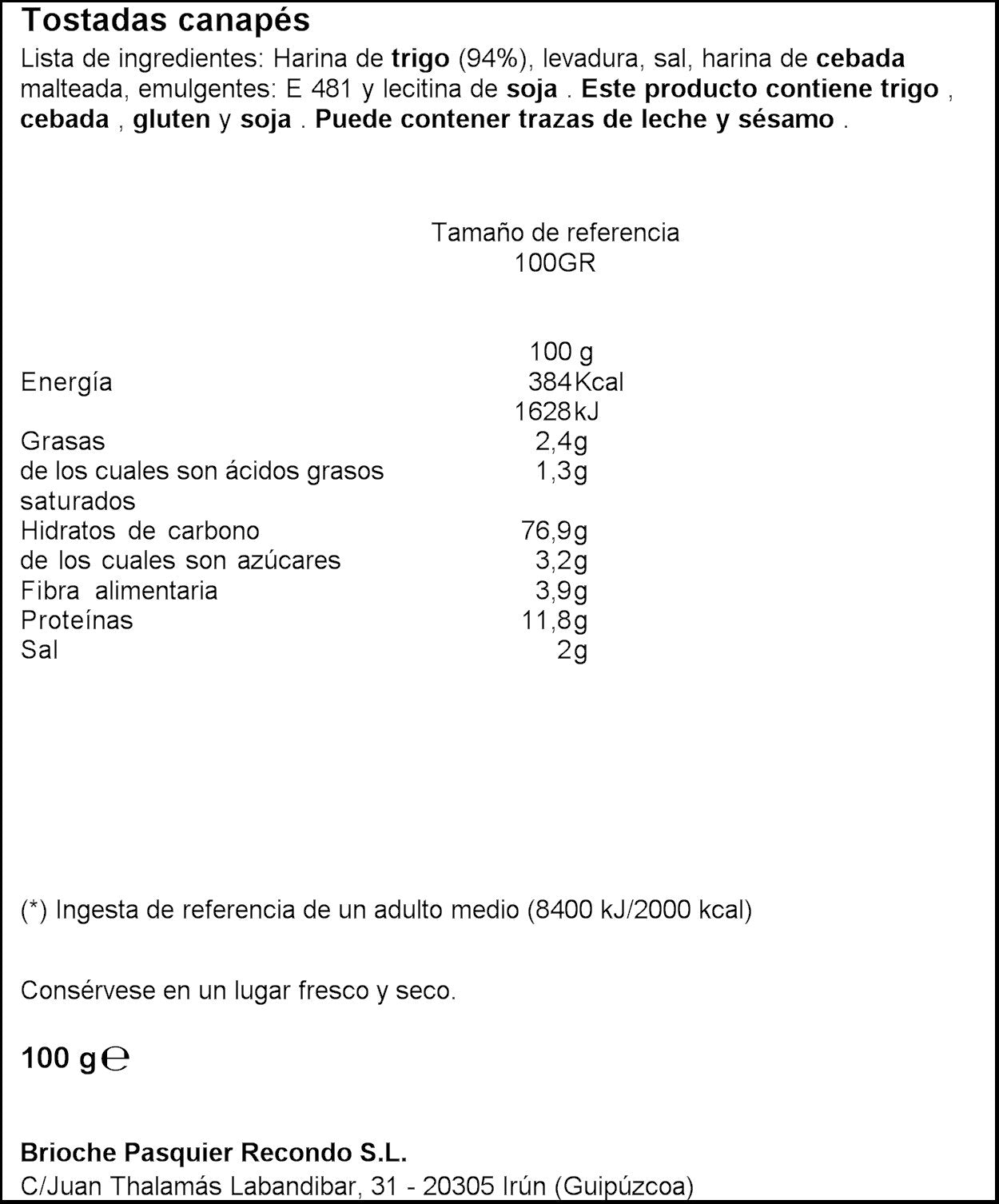 Recondo Tostada Canapé Cuadrada, 100g