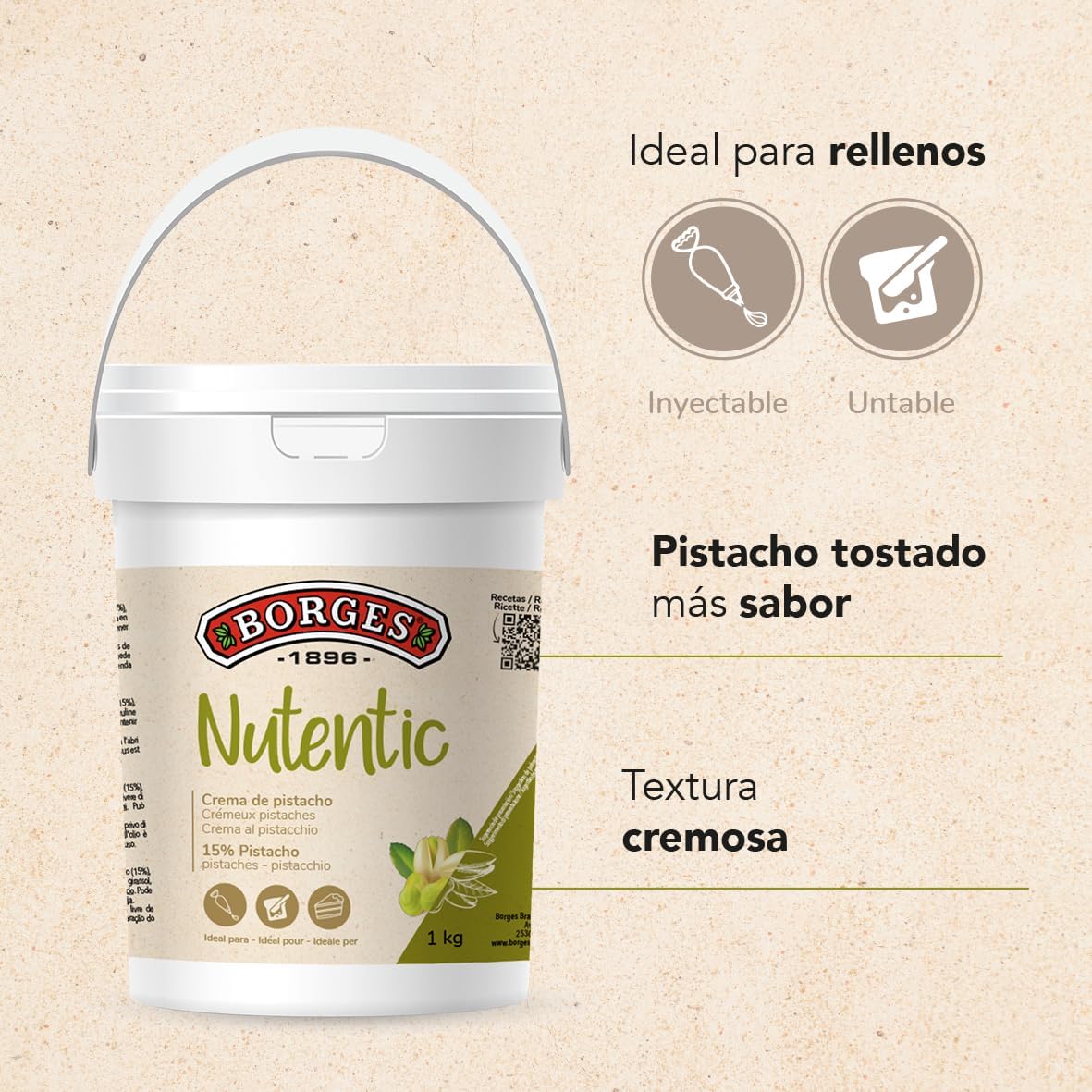 Borges Professional - Crema de Pistacho Nutentic 15% 1kg - Sin Gluten, Sin Lactosa, Vegana, Baja en Azúcares, Sin Aceites Tropicales, Ideal para Repostería
