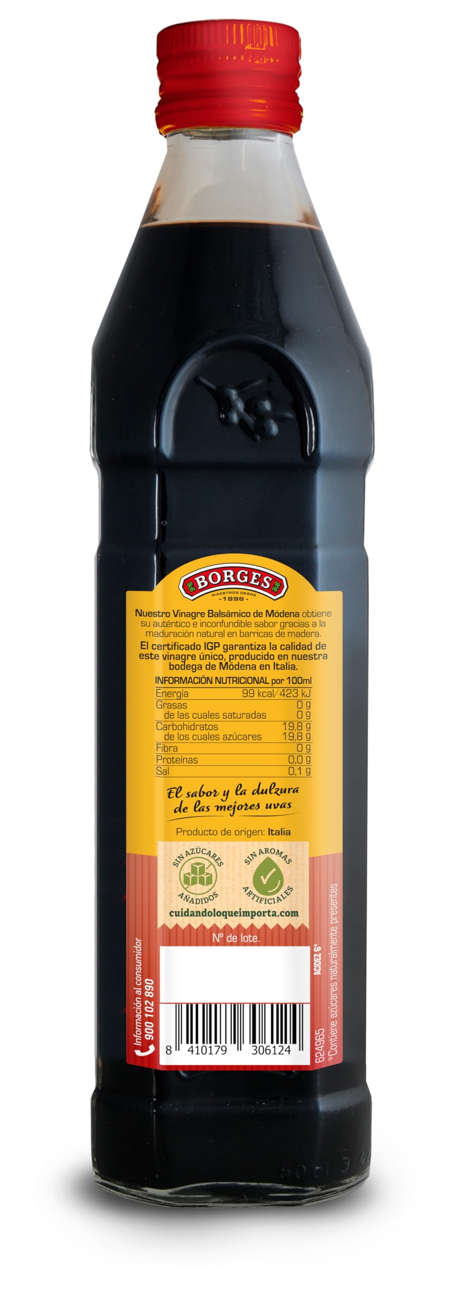 Borges - Vinagre Balsámico de Módena - Con denominación de Origen I.G.P. - Sin Azúcares añadidos - Ideal para ensaladas, pescados, carnes y verduras - Botella de vidrio 500ml