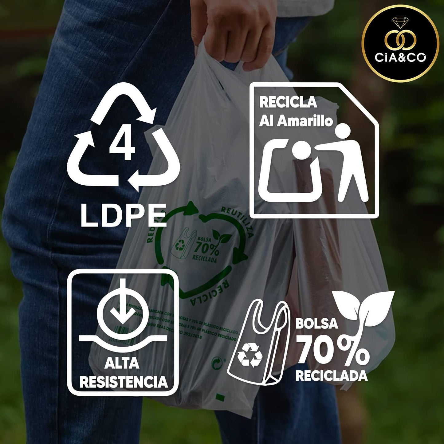 Bolsas de Plástico 70% Reciclado · Tamaño 3XL 60x70 cm | 25 Uds | Aptas Uso Alimentario, Resistentes, Reutilizables y 70% Recicladas | Galga 200 |Bolsa Tipo Camiseta | Cumple todas las normativas