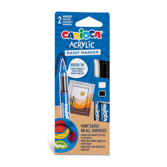 CARIOCA Rotulador Acrílicos | Blister de rotuladores permanentes | Punta Pincel | Apto para todas las superficies y alta opacidad | Base de Agua | Blanco y Negro