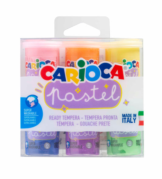 Carioca Botes de Témpera Pastel | 6 colores x 25 ml |Colores superlavables y se mezclan entre ellos | Se Aplica sobre Material Porosos