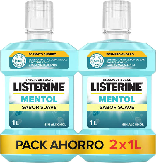 Listerine Mentol Sabor Suave (2 x 1 L), enjuague bucal con flúor y 0% alcohol, colutorio encías con 24 h de protección, enjuague bucal sin alcohol para un aliento fresco
