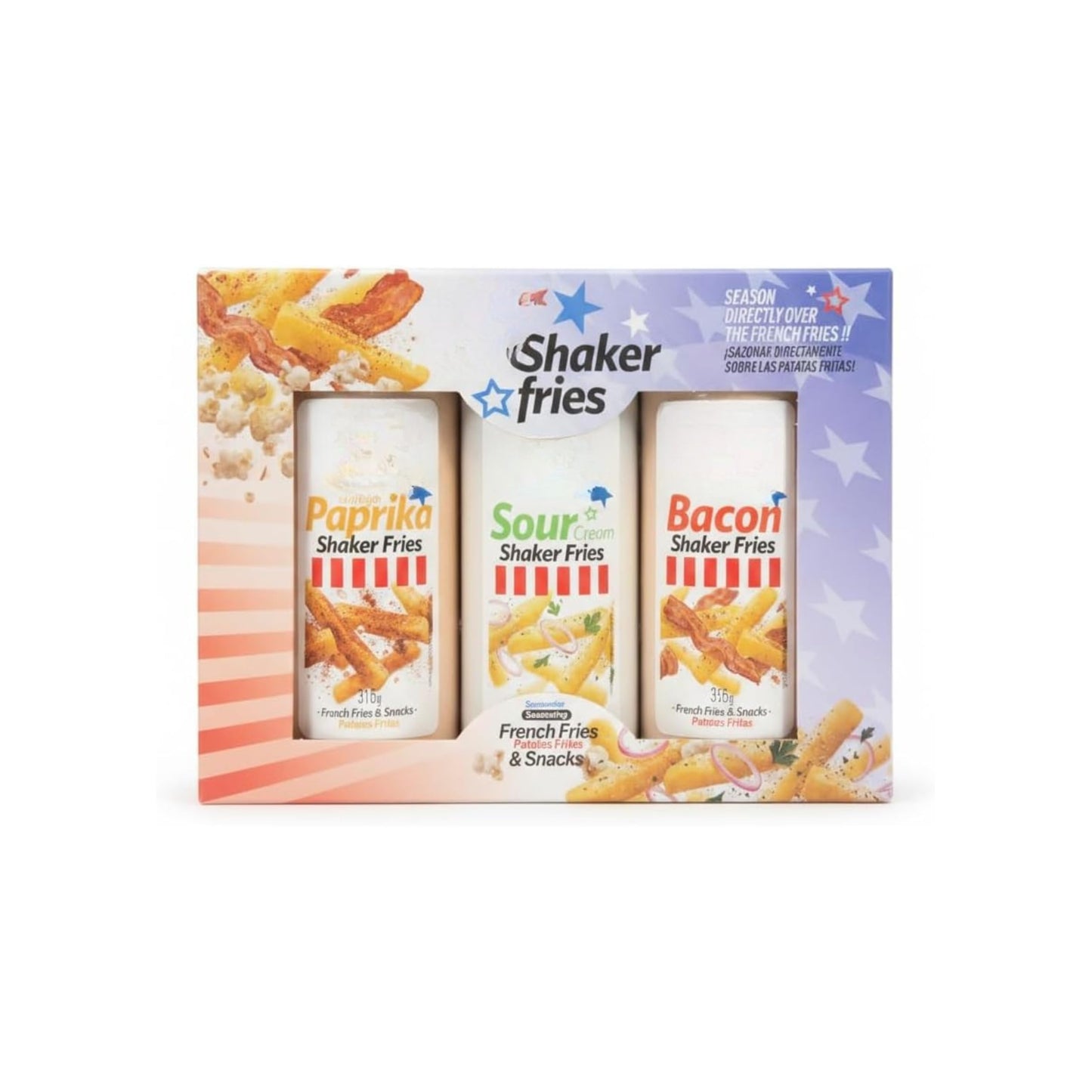 Shaker Fries - Pack 3 Sazonadores para Patatas Fritas y Snacks (965g) Total - Sabores Bacon, Sour Cream, Paprika & Vinegar - Condimento Sin Gluten para Palomitas y Aperitivos - NEXU