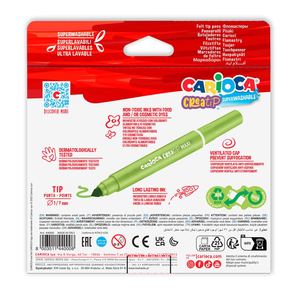 Carioca Rotuladores Creatip Maxi | Caja de Punta Cónica para un Doble trato de Escritura | Tinta Superlavable | 10 pcs