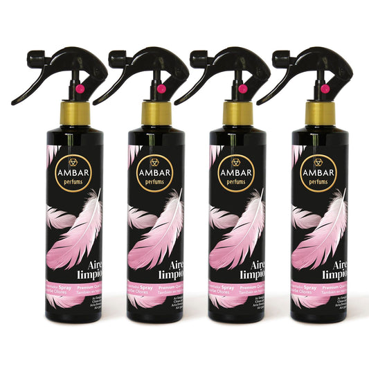 Ambar Perfums - Ambientador Spray Absorbe Olores Aire Limpio Especial Tejidos, ¡No mancha! Pack de 4 uds de 280 ml.