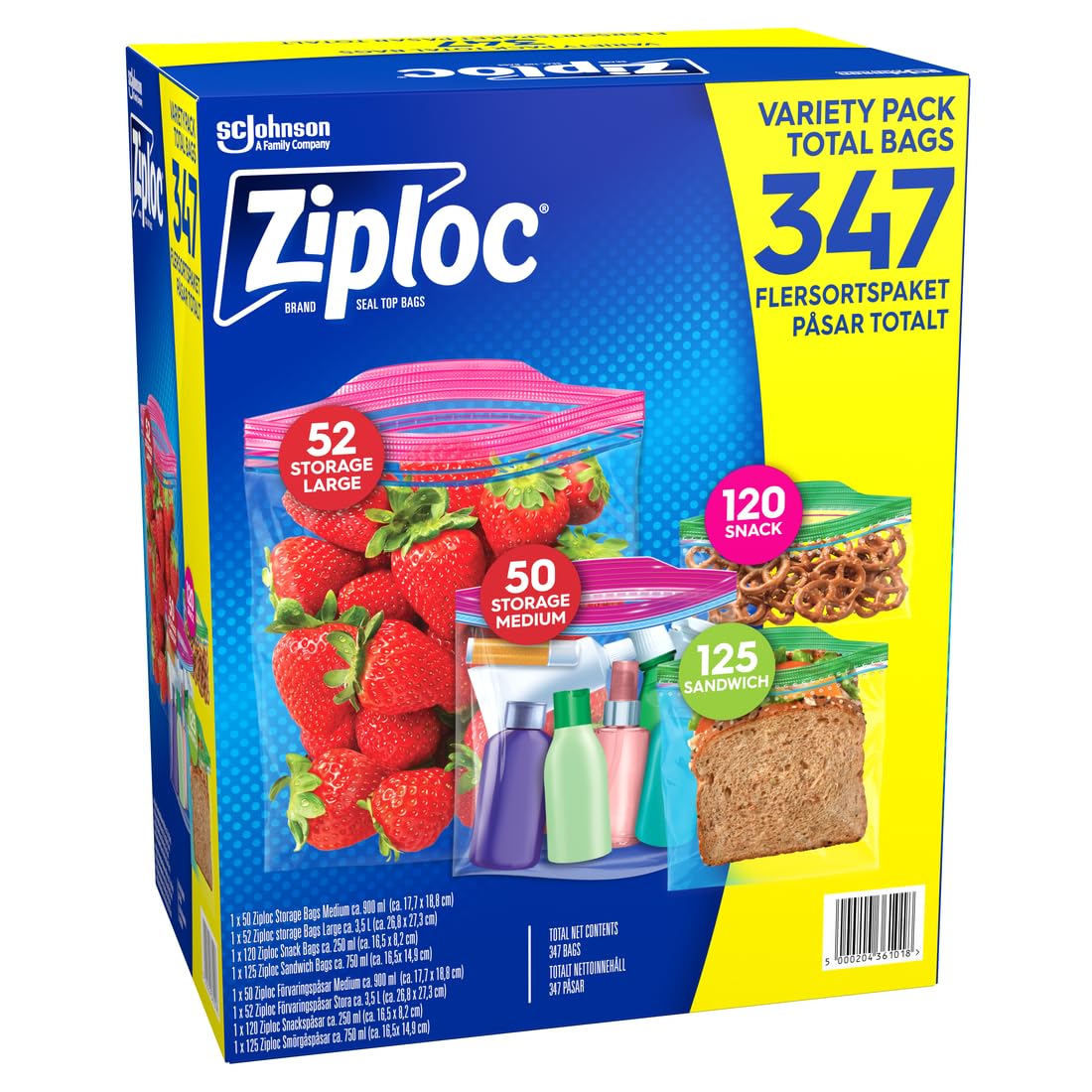 Ziploc Bolsas de almacenamiento para congelador, varios tamaños, paquete variado, paquete de 347 bolsas