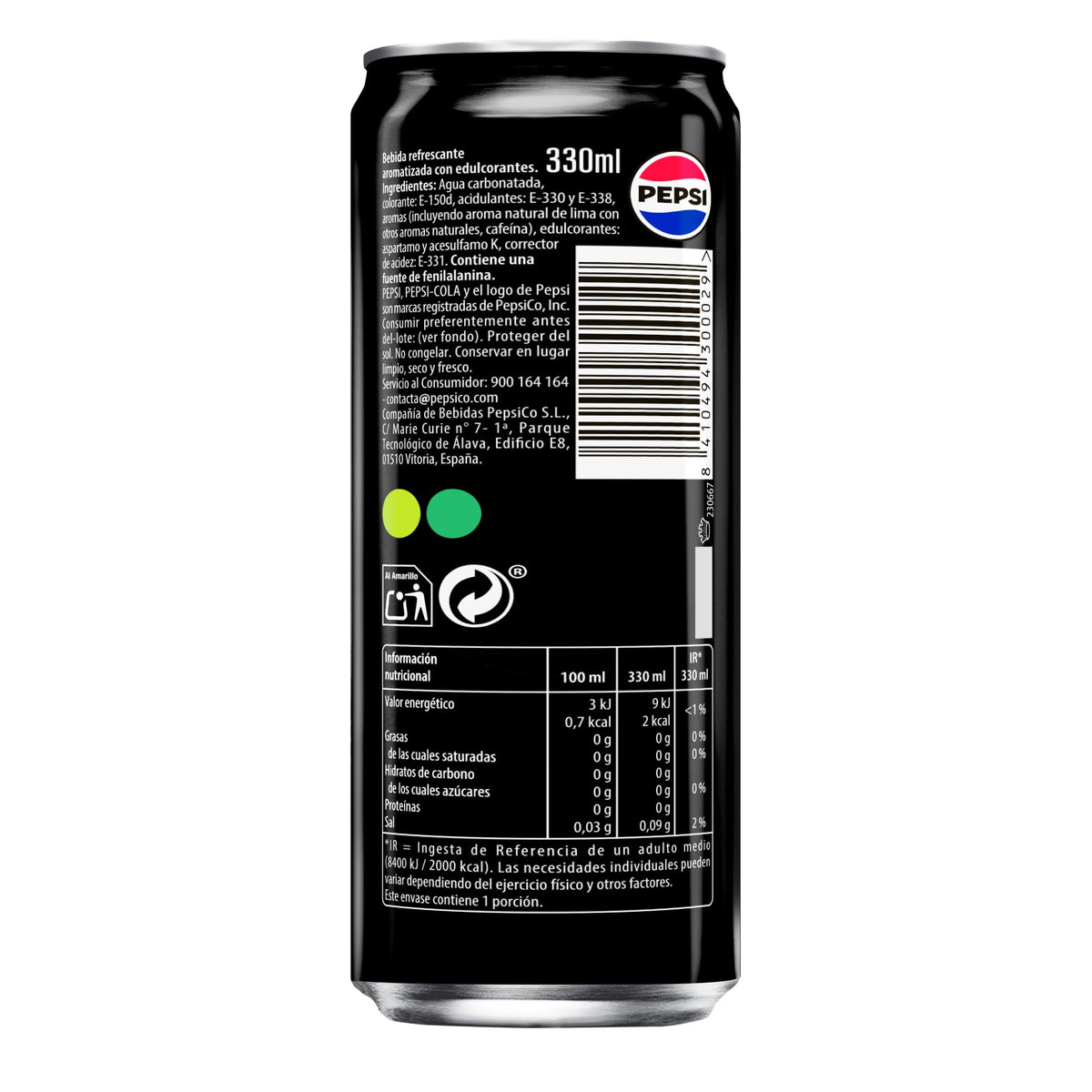 Pepsi zero Lima Refresco de cola con cero azúcar y cero calorías, pack de 24 latas de 330 ml, 7.92 litros en total