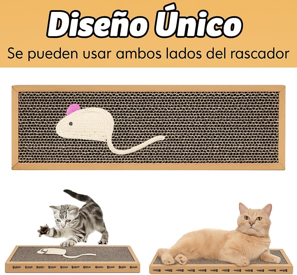Rascador para Gatos de Cartón y Sisal Natural – 38x12.5 cm con Catnip Incluido – Alfombrilla Rascadora Divertida y Duradera – Antiestrés, Juguete y Zona de Descanso para Gatos