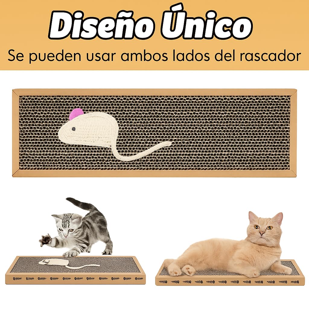 Rascador para Gatos de Cartón y Sisal Natural – 38x12.5 cm con Catnip Incluido – Alfombrilla Rascadora Divertida y Duradera – Antiestrés, Juguete y Zona de Descanso para Gatos