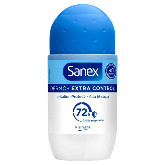 Sanex Dermo+ Extra Control Desodorante Antitranspirante Roll-On 72 Horas (50ml) – protección efectiva contra el sudor y el mal olor – dermatológicamente testado– contiene 0% alcohol*