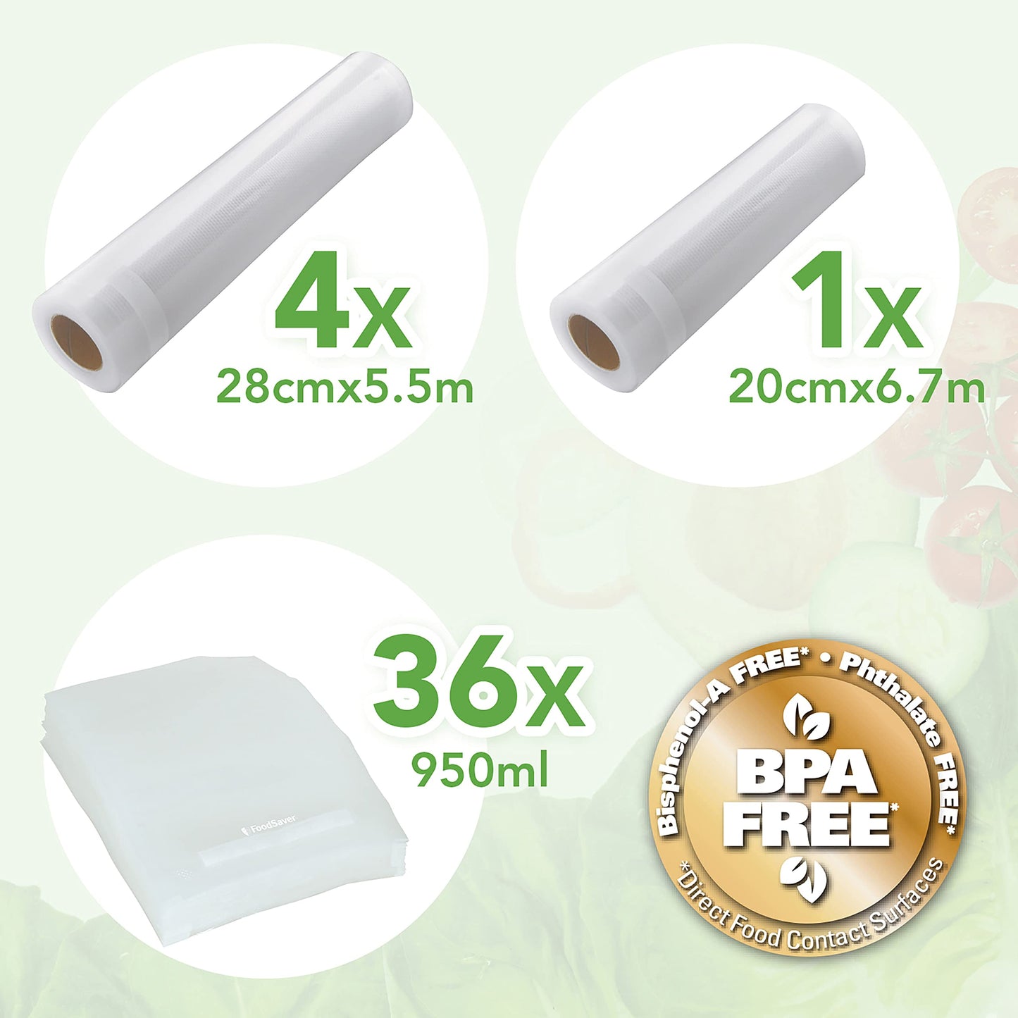 Foodsaver Bolsas de envasado al vacío reutilizables, Para dispositivos FoodSaver, Sin BPA, Paquete Múltiple, 5 rollos, 36 bolsas