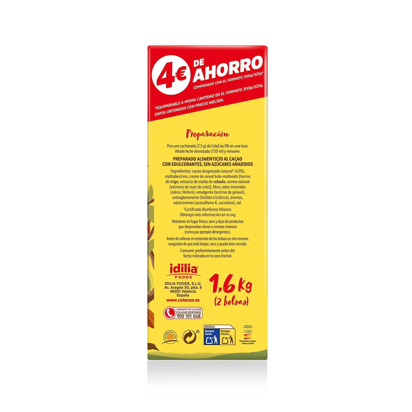 ColaCao Cacao Soluble, 0% Azúcares Añadidos, 1.6kg