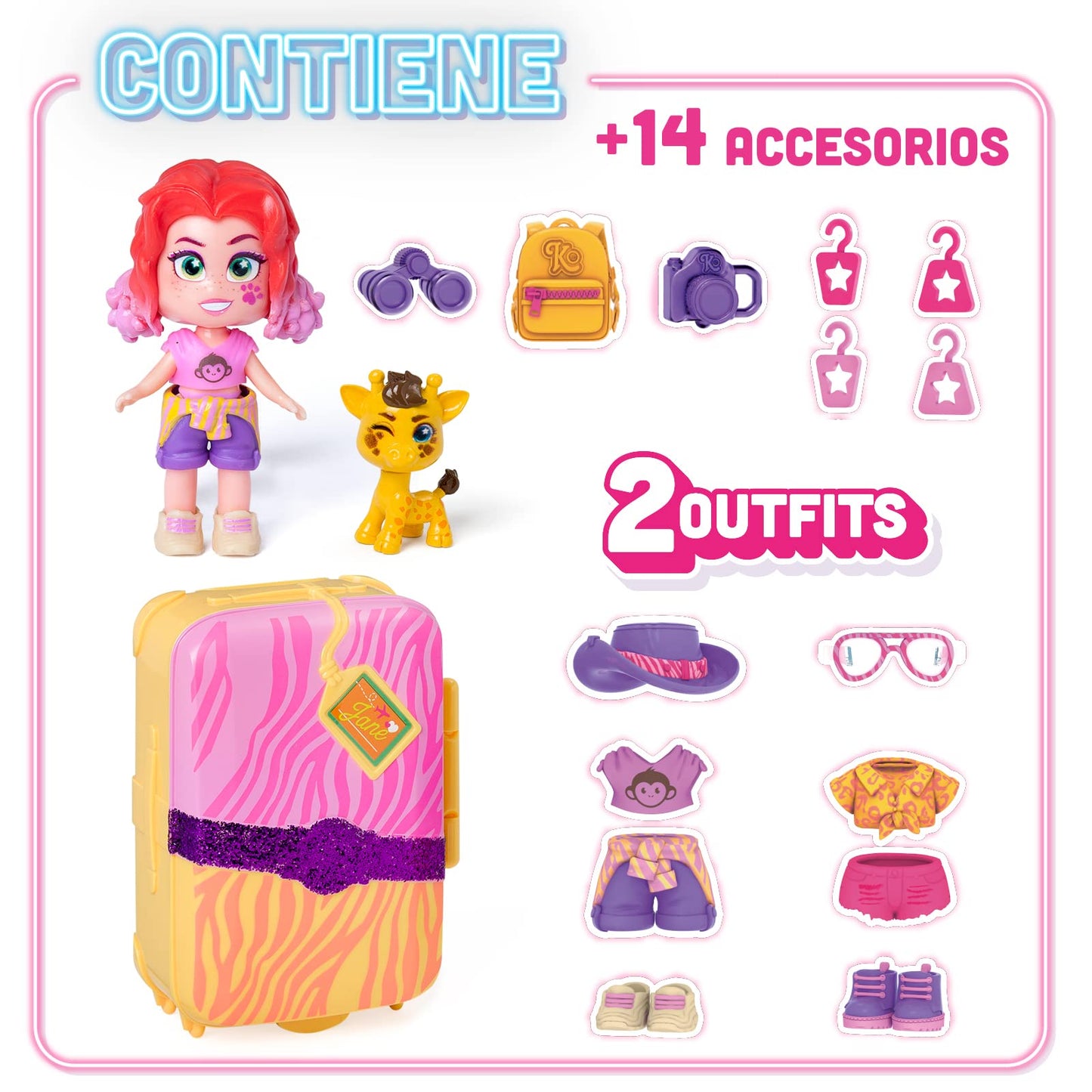 KOOKYLOOS Jane’s Suitcase – Maleta para muñecas con más de 14 accesorios de moda y muñeca exclusiva con 3 expresiones divertidas. Incluye ropa, accesorios y zapatos, perchas y una mascota exclusiva