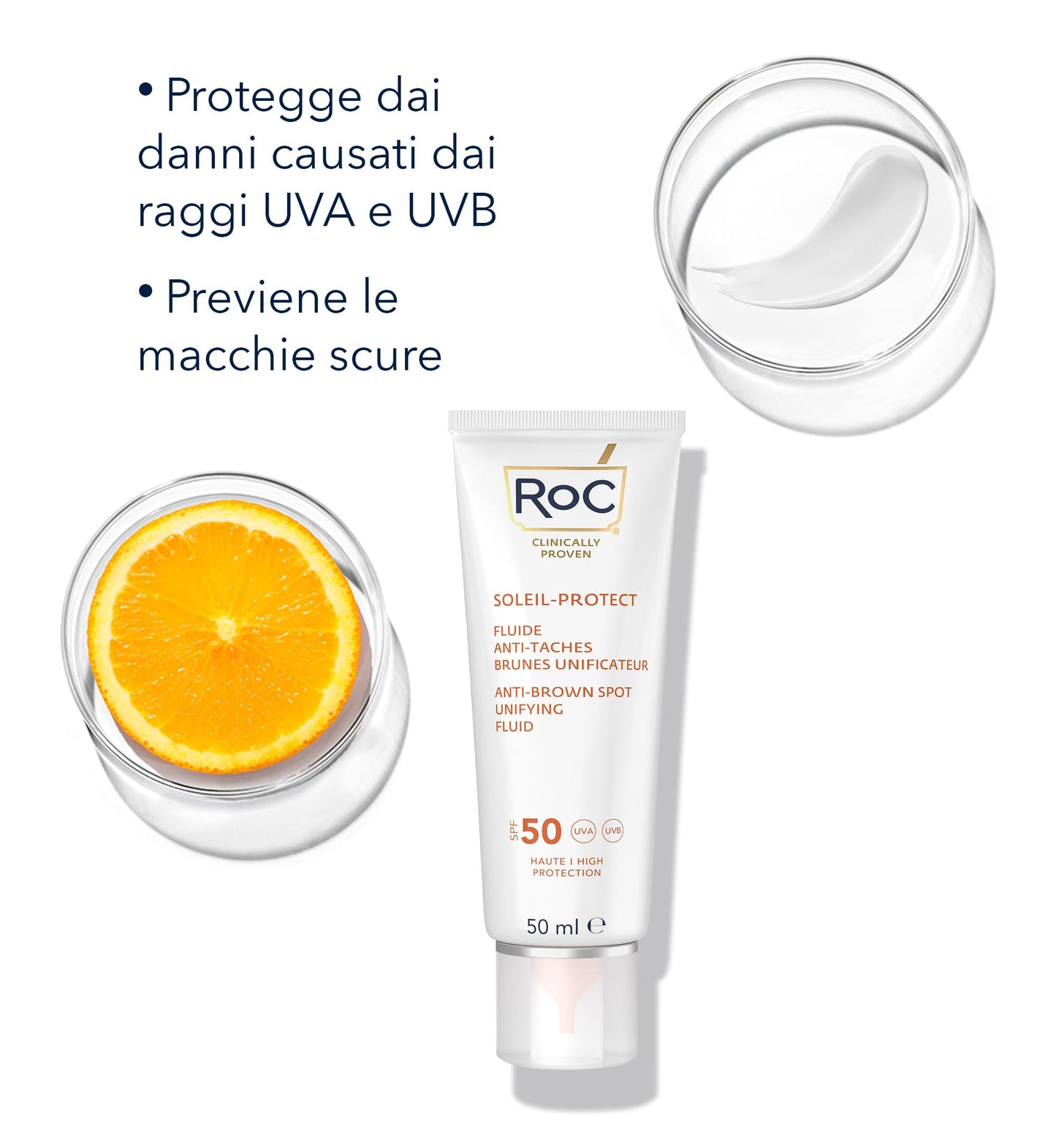 RoC - Soleil-Protect Fluido Unificador Anti Mancha Marrón SPF 50 - Crema Hidratante Facial con Vitamina C - Reduce las Manchas Marrones - 50 ml