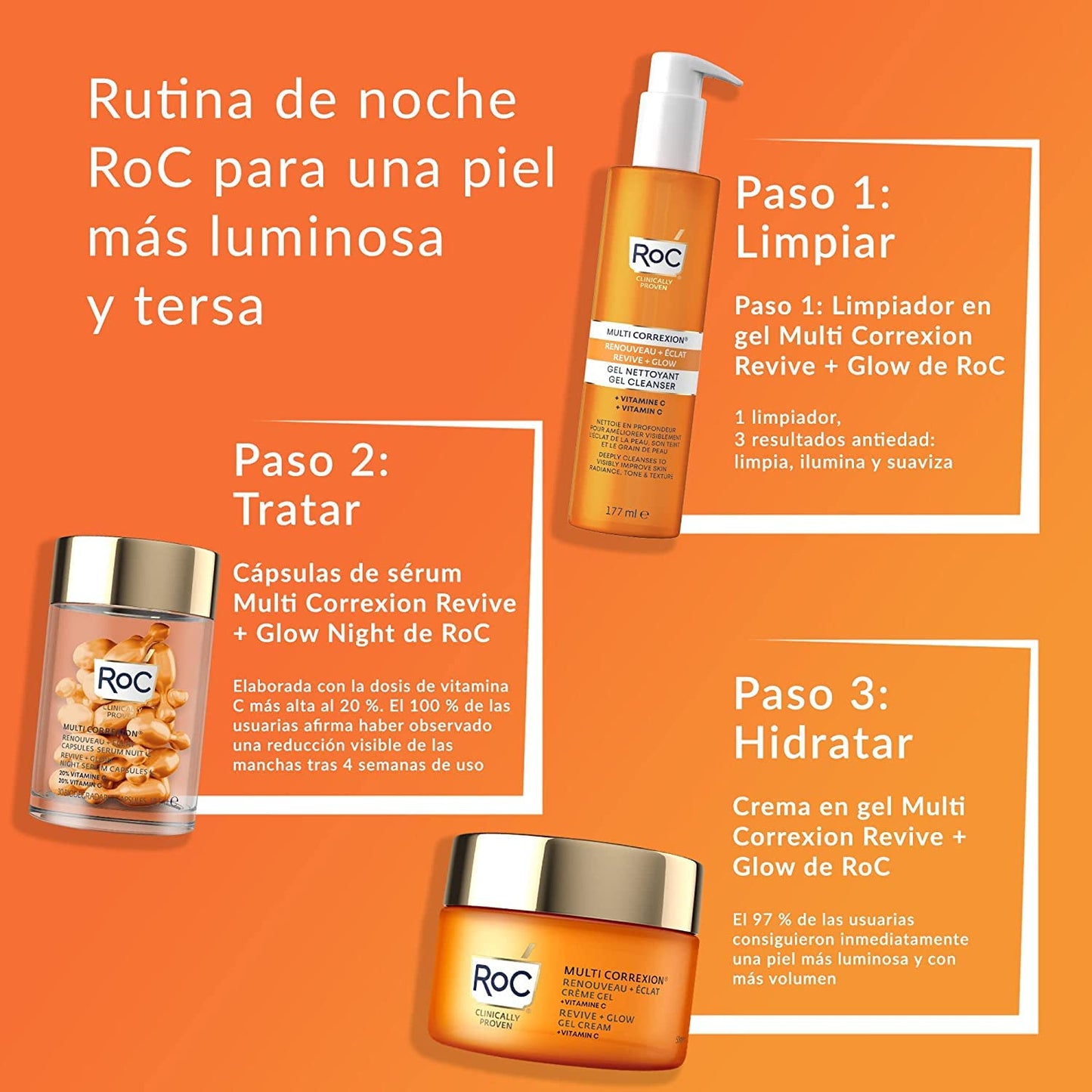 RoC - Multi Correxion Revive + Glow Suero de Noche con Vitamina C - Antiarrugas y Envejecimiento - Reducción de Puntos Negros - Cápsulas de 30 piezas